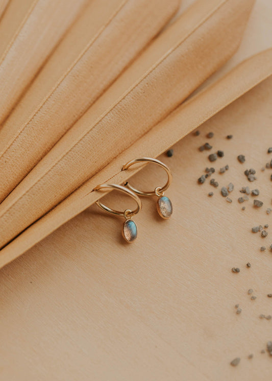 Gold earrings with gemstones on a beige surface with leaves and seeds.