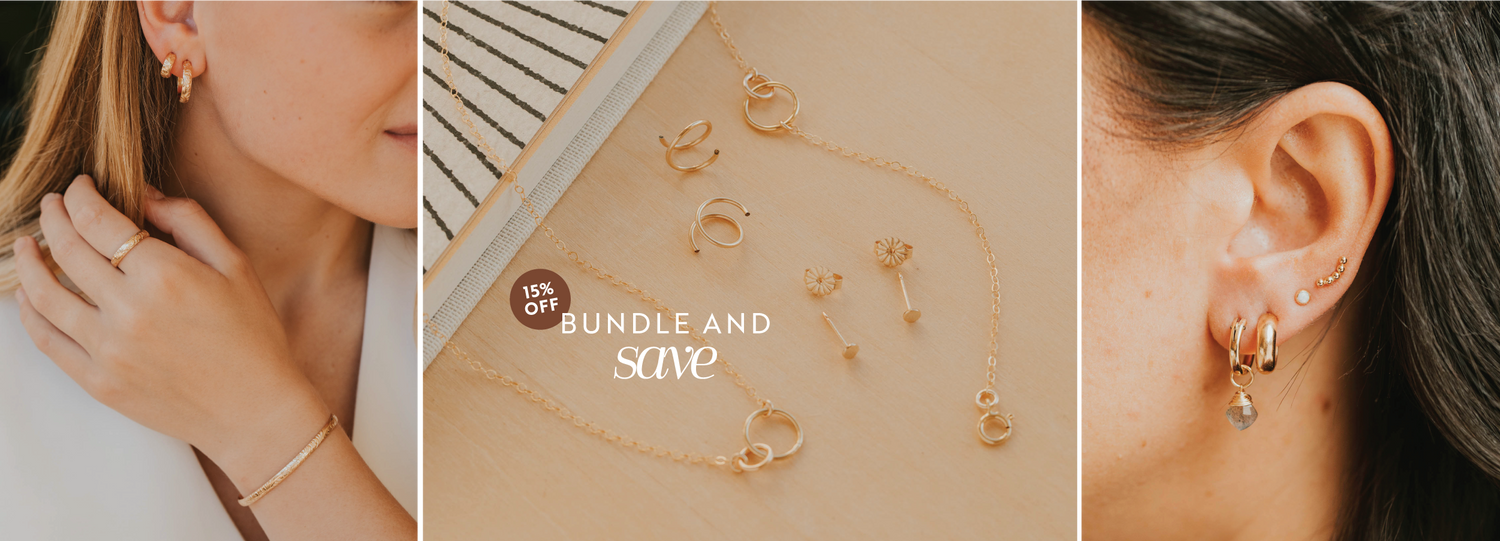 Collage of gold jewelry including earrings, necklaces, and rings with a 'Bundle and Save' offer.