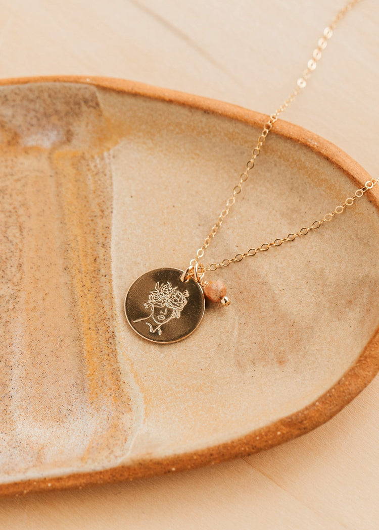 Gold Hello Adorn Mental Health necklace with circular pendants and meaning charms