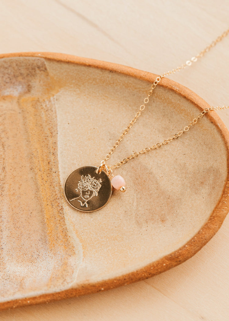 Gold Hello Adorn Mental Health necklace with circular pendants and meaning charms