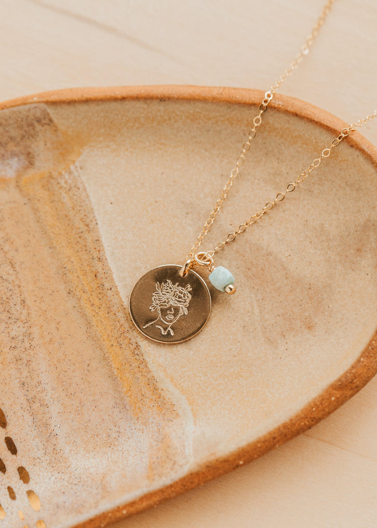 Gold Hello Adorn Mental Health necklace with circular pendants and meaning charms