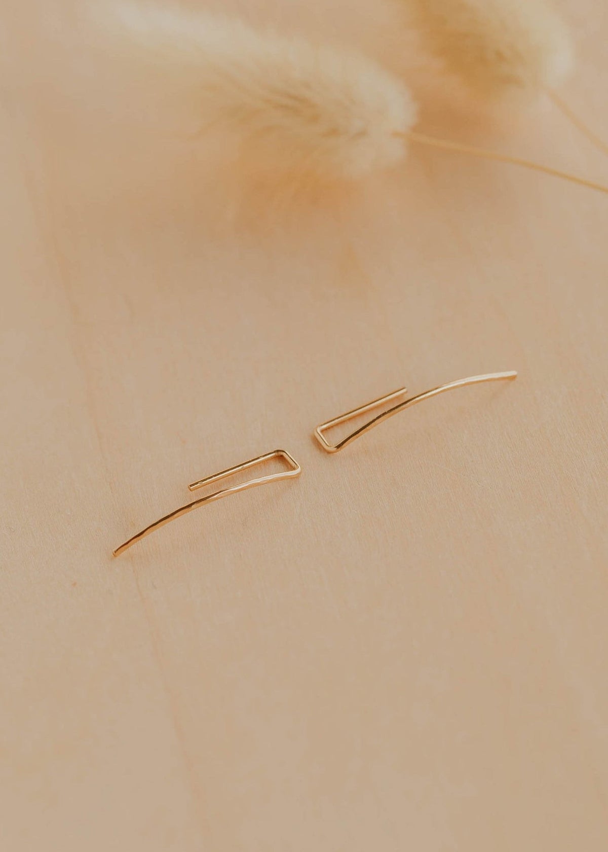 Two gold earrings on a beige background