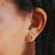 A pair of open circle earrings for everyday wear shown on a model in a stud earring style by Hello Adorn in 14k gold fill.