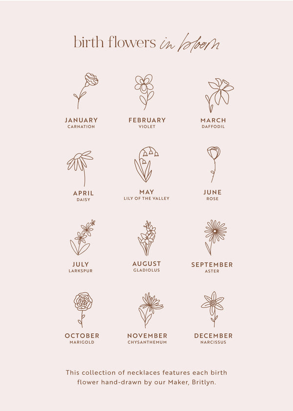 Illustrations of Hello Adorn birth flowers for each month on a light pink background.