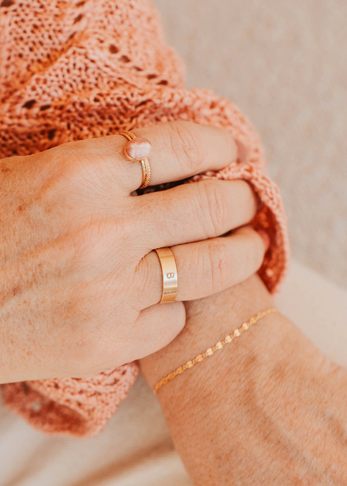 14K Gold Fill Bold Initial Band by Hello Adorn - worn on model's finger alongside Rosalie ring and stacked rings