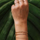 A jewelry style created by Hello Adorn featuring a ring stack and a bracelet stack. The bracelet stack features a cuff bracelet and a chain bracelet. The ring stack features an open ring, a chain ring, and a ring band.