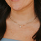 Close-up of a person wearing a delicate gold necklace with a small pendant.