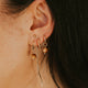 Close-up of an ear with gold earrings against a dark background