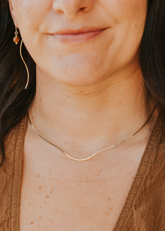 Woman with dark hair and a gold necklace, wearing a brown top.
