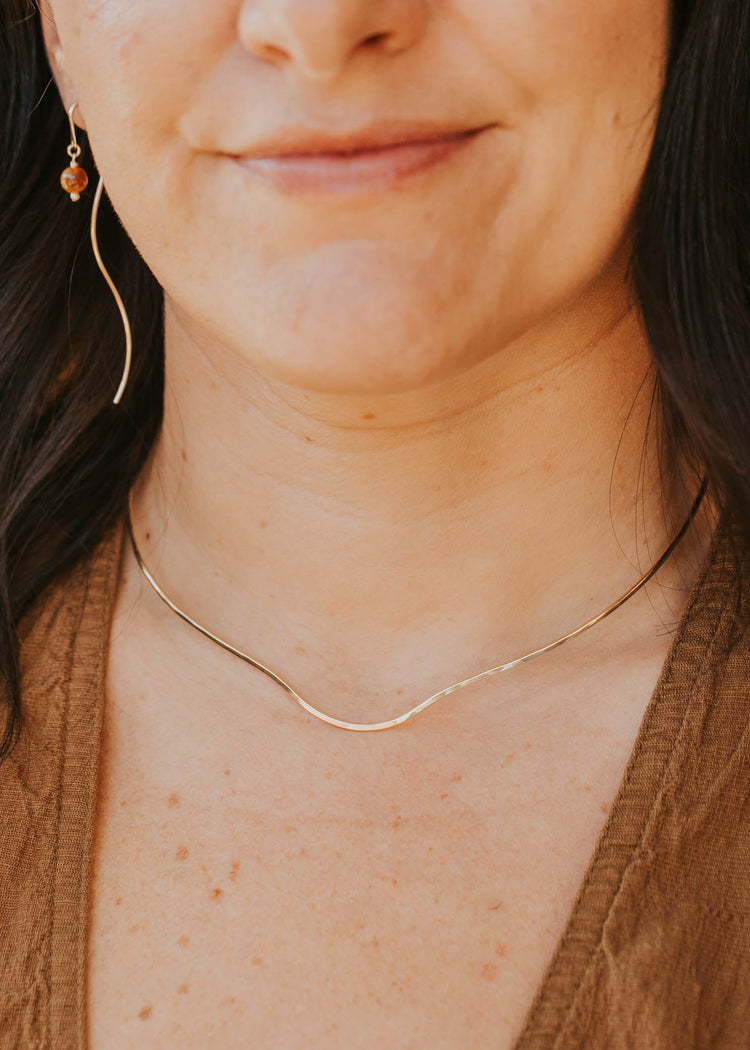 Woman with dark hair and a gold necklace, wearing a brown top.