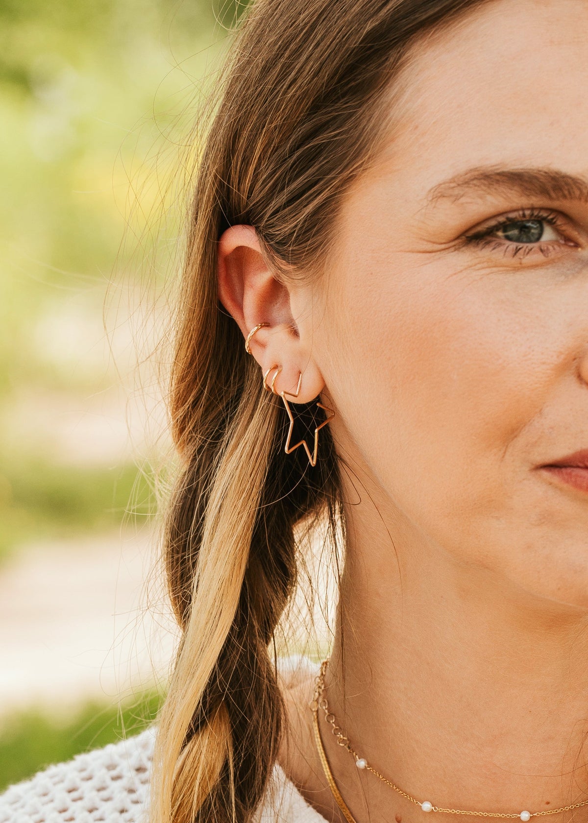 Hello Adorn Star Threader Earrings styled on a model for everyday wear.