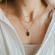 Close-up of a person wearing a necklace with a pendant, dressed in a white shirt.