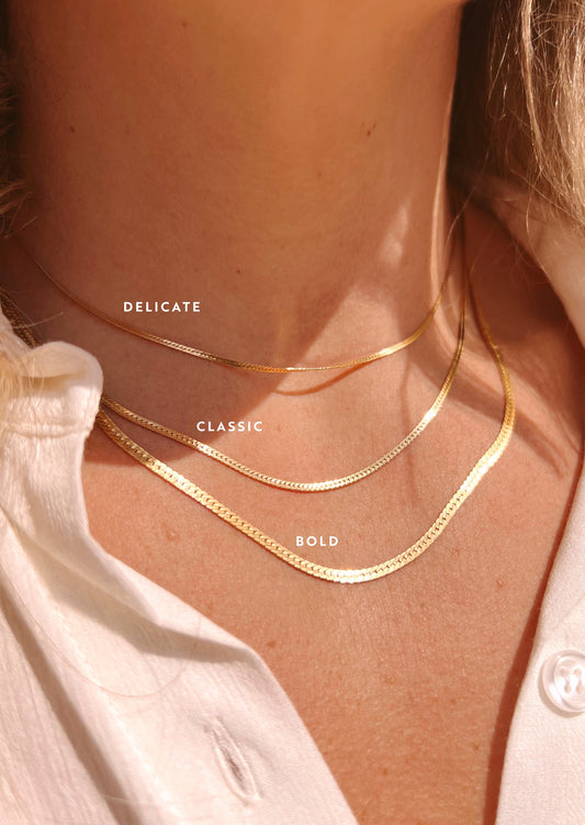 Herra gold chain necklace in three different styles of delicate chain necklace, classic, and bold chain necklace by Hello Adorn.