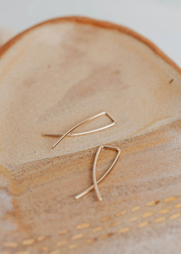 Gold threader earrings by Hello Adorn in MINI Pescado style shown in 14k gold fill.